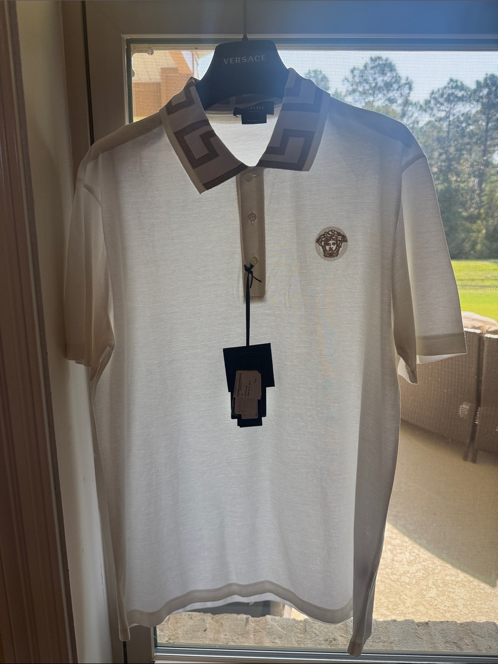 Versace Cream Polo with Taupe Greek Key Collar & Medusa Emblem